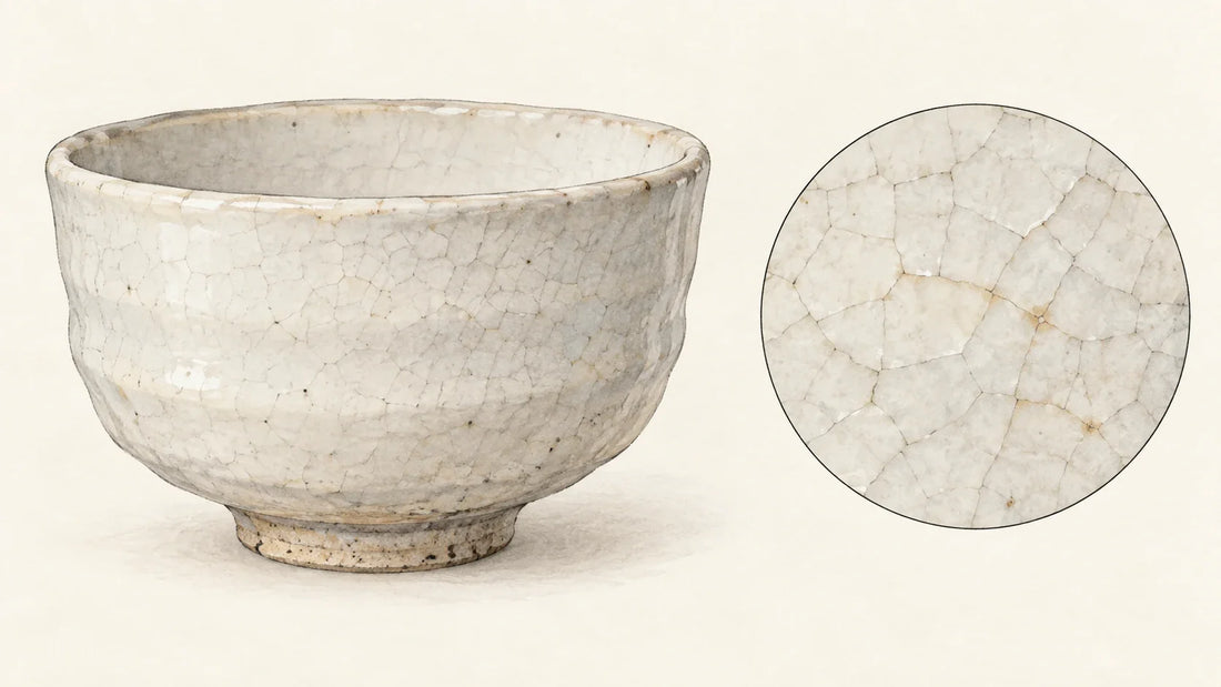 Educational illustration of Hagi-style glaze crackle and variable tea-toned traces; not a real bowl.