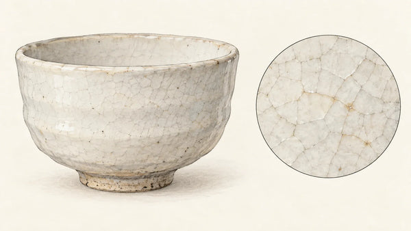 Educational illustration of Hagi-style glaze crackle and variable tea-toned traces; not a real bowl.