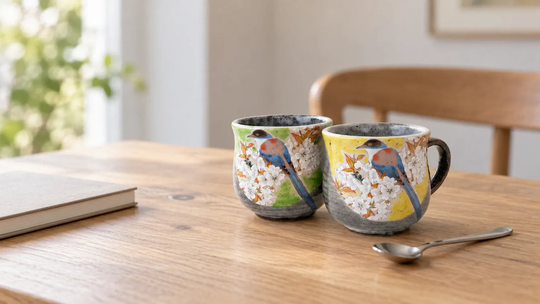 Mugs verts et jaunes de Kutani à motifs d’oiseaux et de fleurs de cerisier, sur une table ensoleillée.