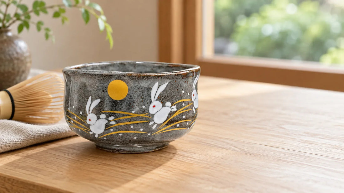 Illustrative grey matcha bowl with white rabbit and gold-moon decoration beside a bamboo whisk on a wooden table.