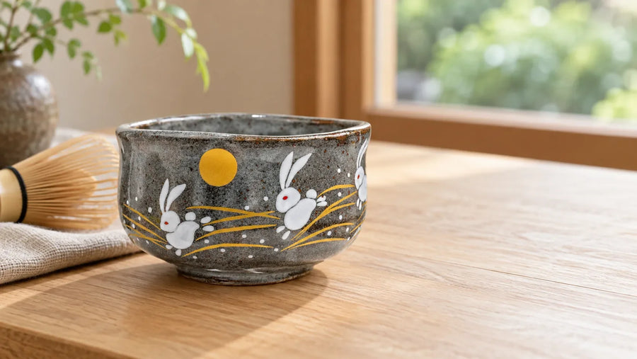 Illustrative grey matcha bowl with white rabbit and gold-moon decoration beside a bamboo whisk on a wooden table.