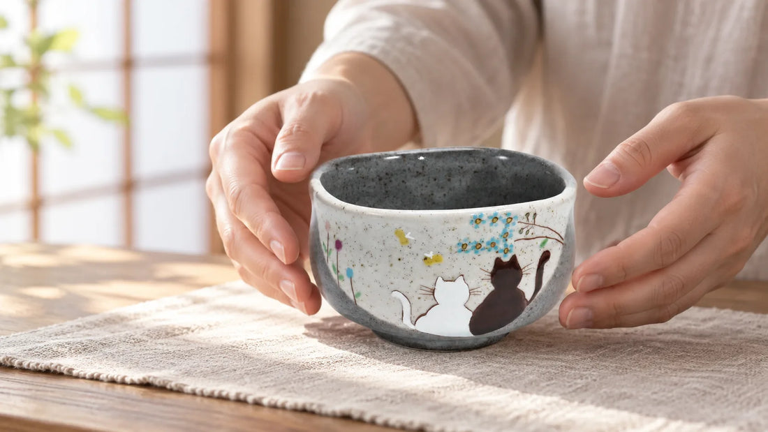 Kutani Hidamari matcha bowl on a linen-covered tea table as hands approach it gently.