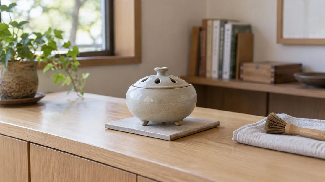 Generic lidded ceramic incense burner with a cloth and soft brush on a Japanese home table; illustrative, not a ZenKiln product.
