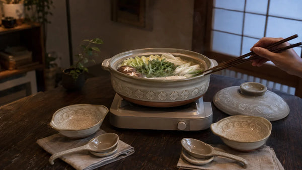 A steaming Ginpo Hana-Mishima donabe with matching tonsui bowls and renge spoons on a Japanese dining table