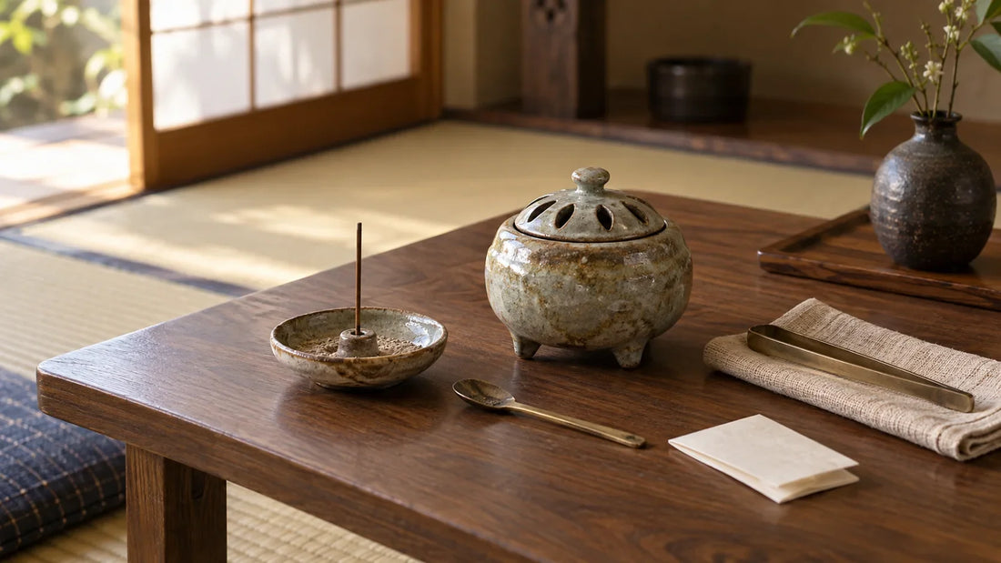 Illustrative Japanese incense tools arranged on a low table: a ceramic kōro, a stick holder with an unlit incense stick, an ash dish, and small utensils.