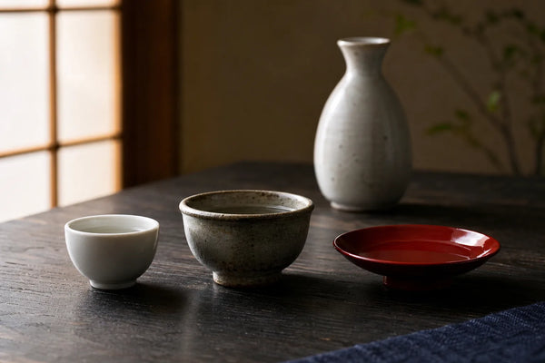 Ochoko, guinomi, and sakazuki sake cups arranged beside a ceramic tokkuri.