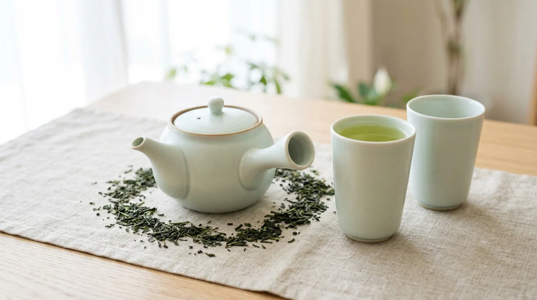 Una tetera kyusu de asa lateral en celadón pálido con dos tazas yunomi de té verde sencha sobre lino junto a una ventana.