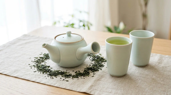 A pale-celadon side-handle kyusu teapot with two yunomi cups of green sencha on linen by a window.