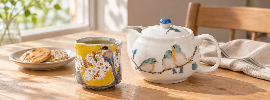 White Kutani mejiro teapot and yellow bird-and-blossom yunomi on a wooden table set for tea.