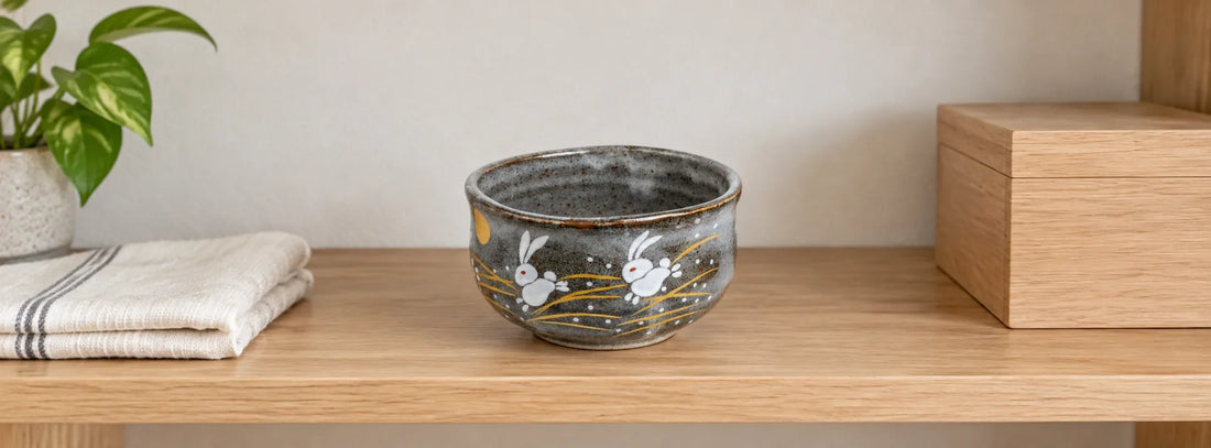 Grey Kutani rabbit matcha bowl on a wooden shelf beside a folded cloth and a plain storage box.
