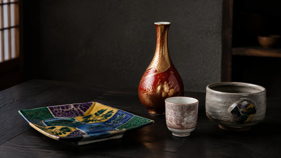 Kutani plates, vase, teacup, and stoneware bowl displaying aote, akae, and gold enamel styles