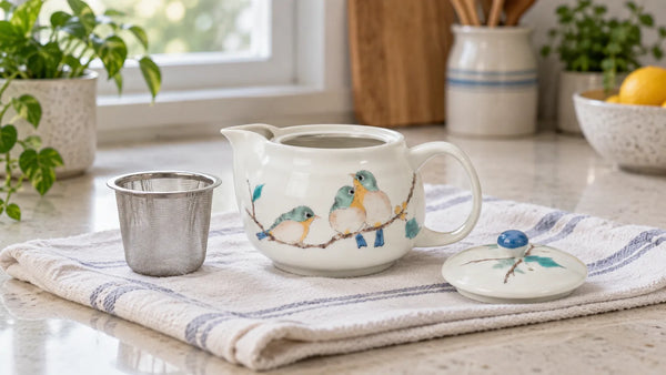 Seikou bird teapot with its lid and removable mesh strainer set separately on a cotton drying towel.