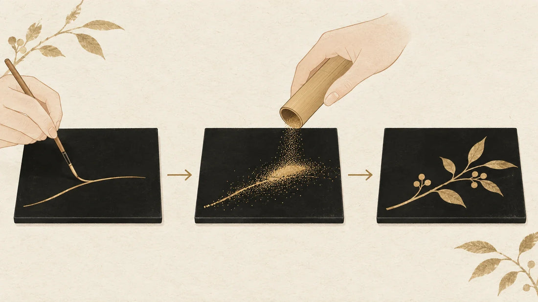 Illustration pédagogique du maki-e : un trait de laque reçoit de la poudre d’or, puis le motif terminé apparaît sur un panneau d’essai plat.