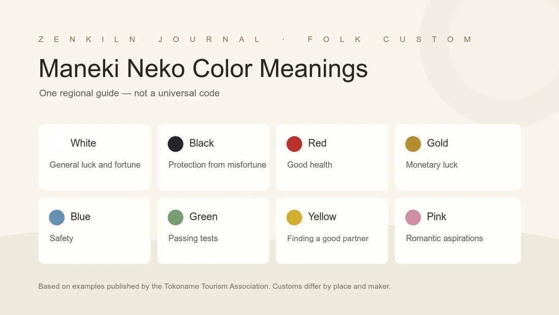 Eight maneki neko color associations from the Tokoname Tourism Association, with a note that customs vary by region and maker.