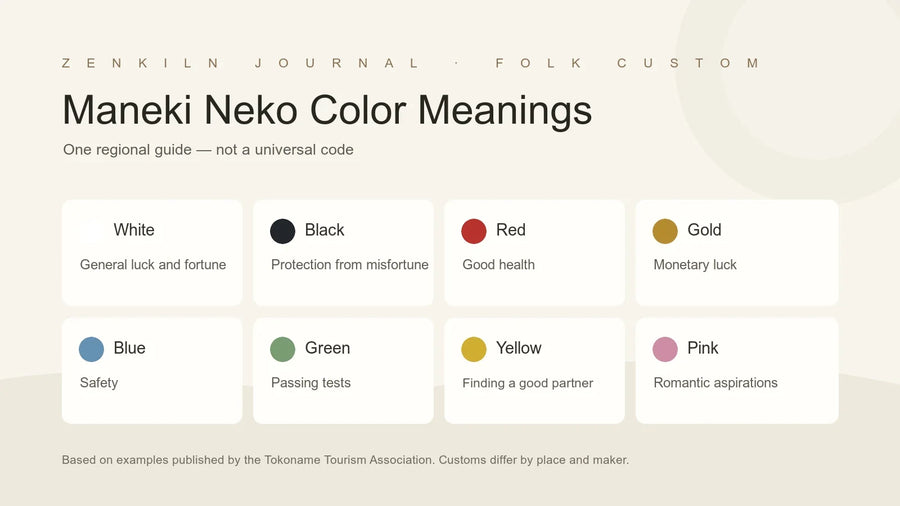 Eight maneki neko color associations from the Tokoname Tourism Association, with a note that customs vary by region and maker.