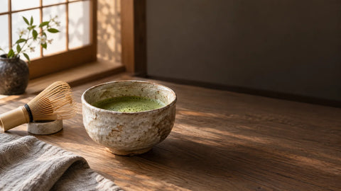 A handmade ceramic bowl of whisked matcha with a bamboo whisk on a wooden table in morning light.