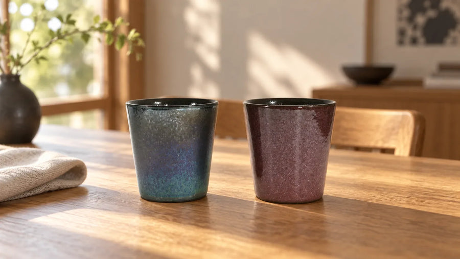 Two Tabata Mino ware Double-Wall Rock Cups, one Black Luster and one Bordeaux, on a wooden home dining table; illustrative setting.