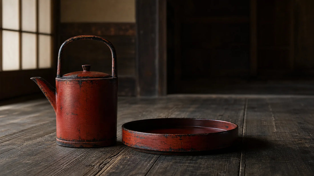 A worn vermilion Negoro lacquer ewer and tray reveal black urushi in a shadowed temple interior.