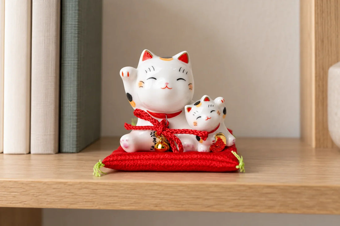 Petit maneki-neko blanc représentant un chat adulte et son chaton, avec des cordons rouges et des clochettes dorées, sur une étagère de bibliothèque.