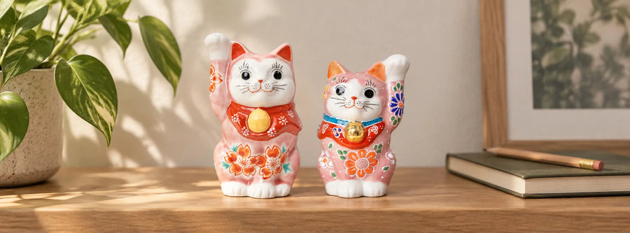 Pink Sakura and floral Kutani lucky cats on a wooden shelf beside a notebook.
