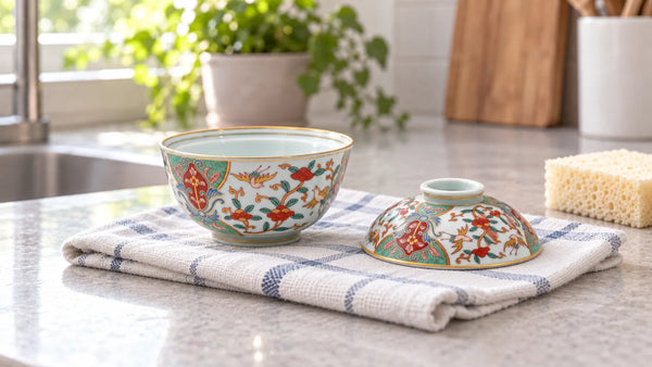 Arita Ko-Imari-style bowl and matching lid resting separately on a cotton towel beside a soft sponge.