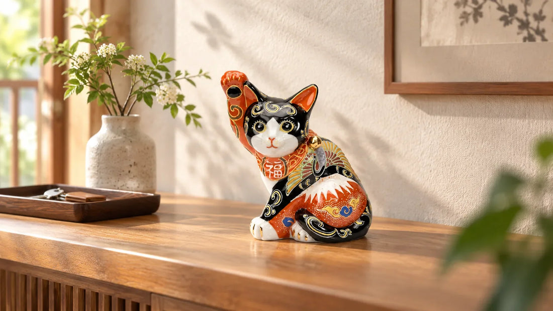Chōhō Kutani Red Fuji and Crane lucky cat on a wooden entryway console, showing its black body and red Fuji motif.
