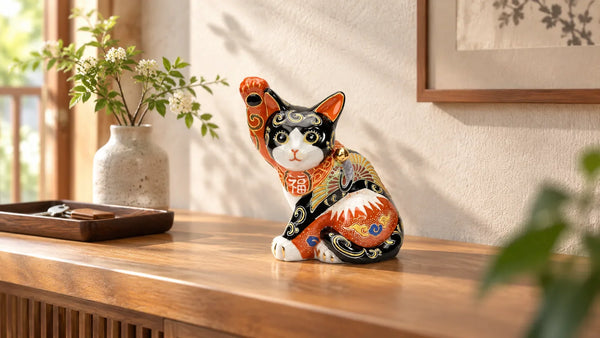 Chōhō Kutani Red Fuji and Crane lucky cat on a wooden entryway console, showing its black body and red Fuji motif.