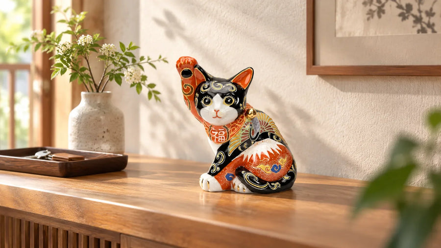 Chōhō Kutani Red Fuji and Crane lucky cat on a wooden entryway console, showing its black body and red Fuji motif.