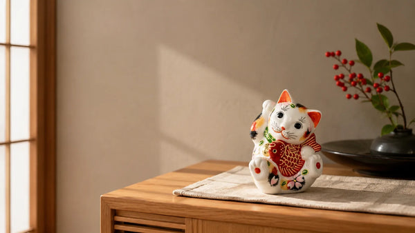 A Kutani calico maneki neko holding a red tai sea bream on a sunlit Japanese entryway cabinet