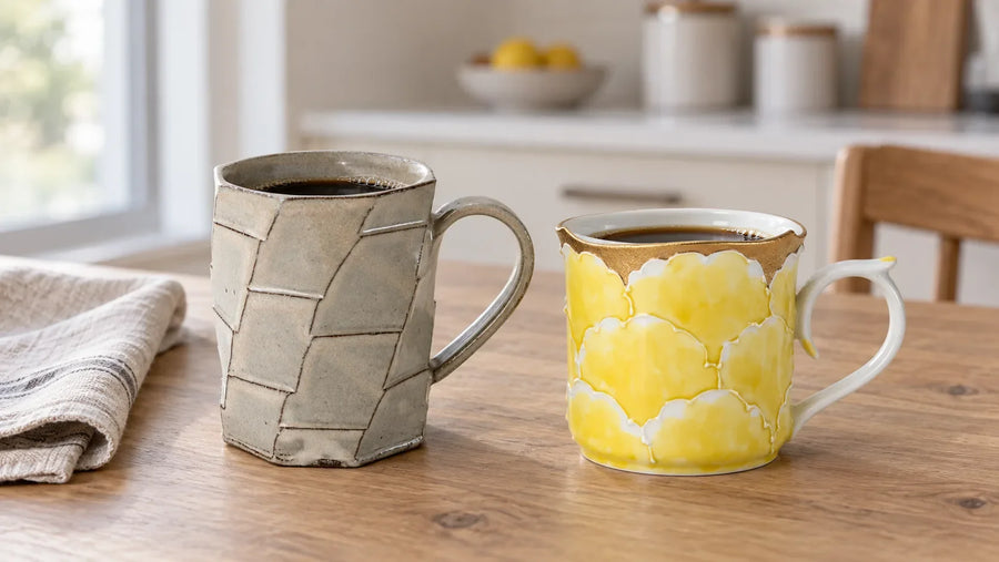 Mug Shigaraki grège et mug Bunzan jaune en porcelaine à motif de pivoine, remplis de café sur une table de petit-déjeuner en bois.