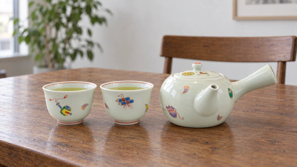 Arita Takarazukushi teapot and two cups of green tea on a wooden dining table.