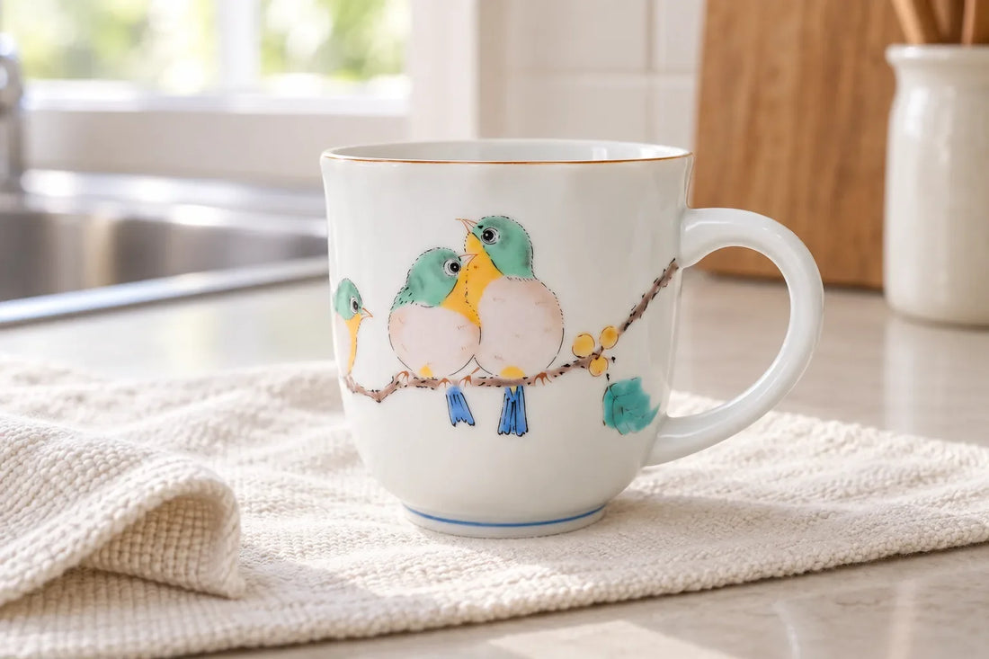 White Kutani mug with three green birds resting on a soft cotton towel beside a kitchen sink.