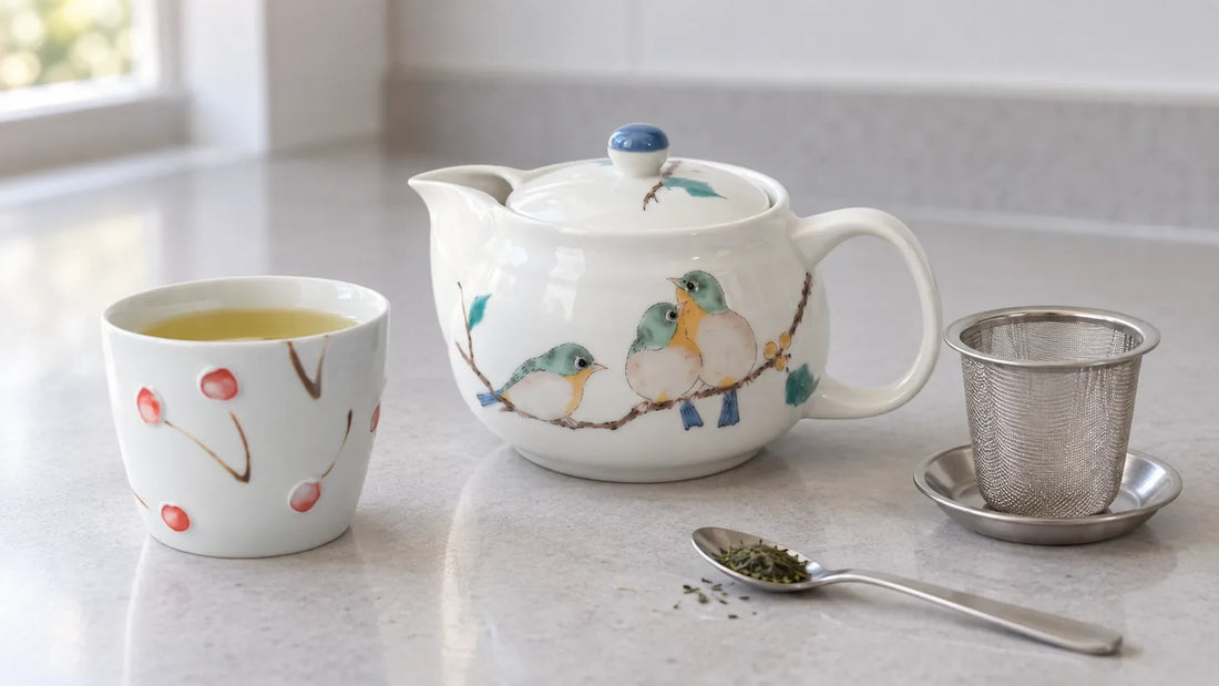 Seikou bird teapot, cherry-pattern tea cup and removable strainer on a kitchen worktop.