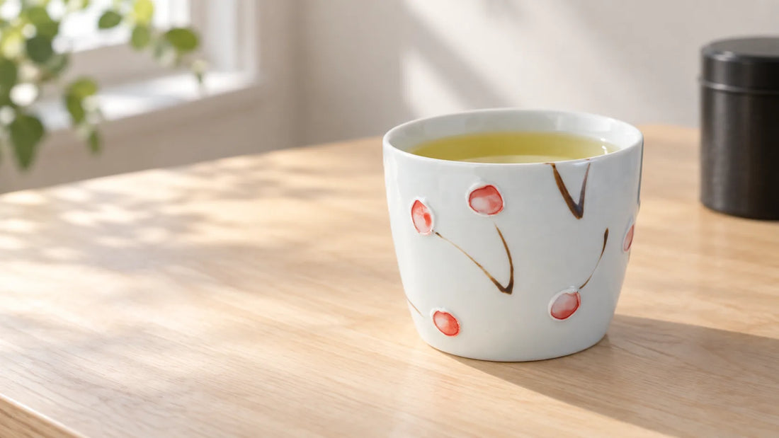 Pale green tea in a white Tokushichi cherry-pattern cup on a wooden table.