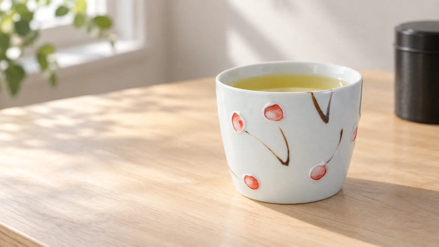 Pale green tea in a white Tokushichi cherry-pattern cup on a wooden table.