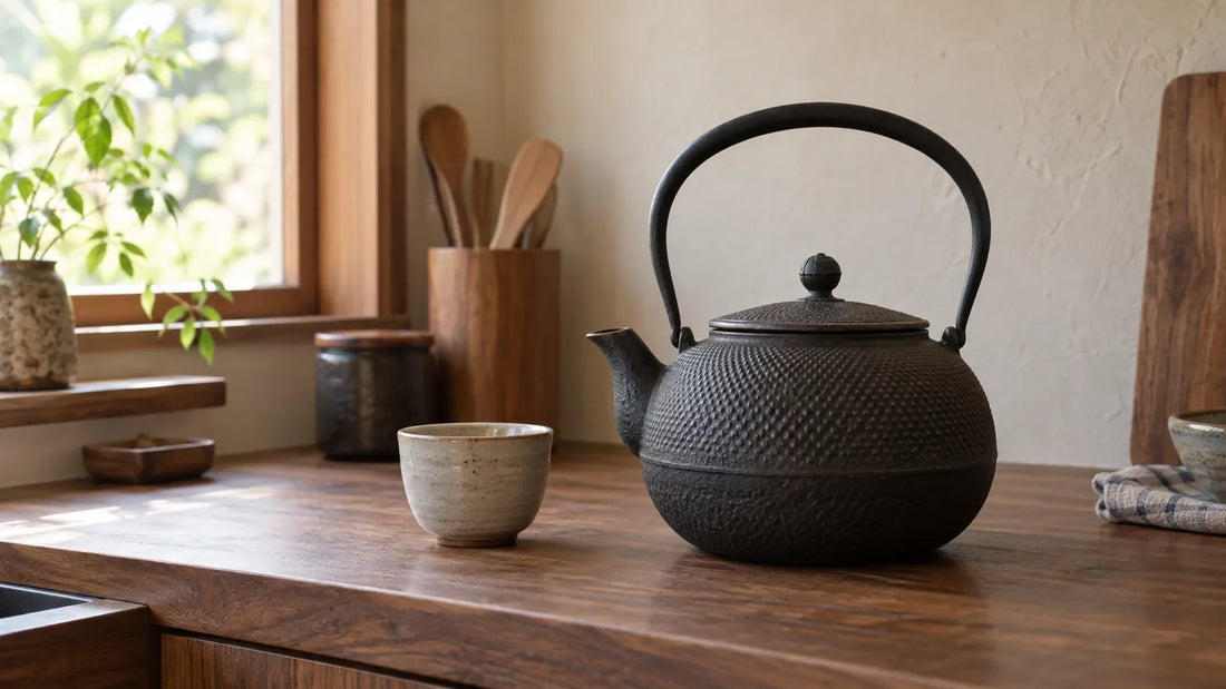 Cast-iron Japanese water kettle beside a plain cup on a wooden kitchen counter; illustrative scene, not a ZenKiln product photograph.