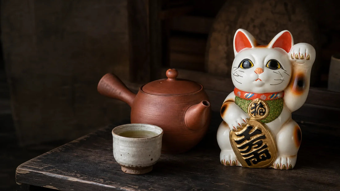Unglazed red Tokoname kyusu beside a Tokoname maneki neko coin bank and cup of green tea.