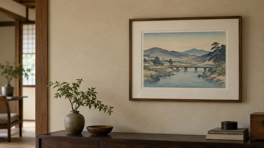 A framed Japanese woodblock print hangs on a shaded interior wall, away from direct sunlight.