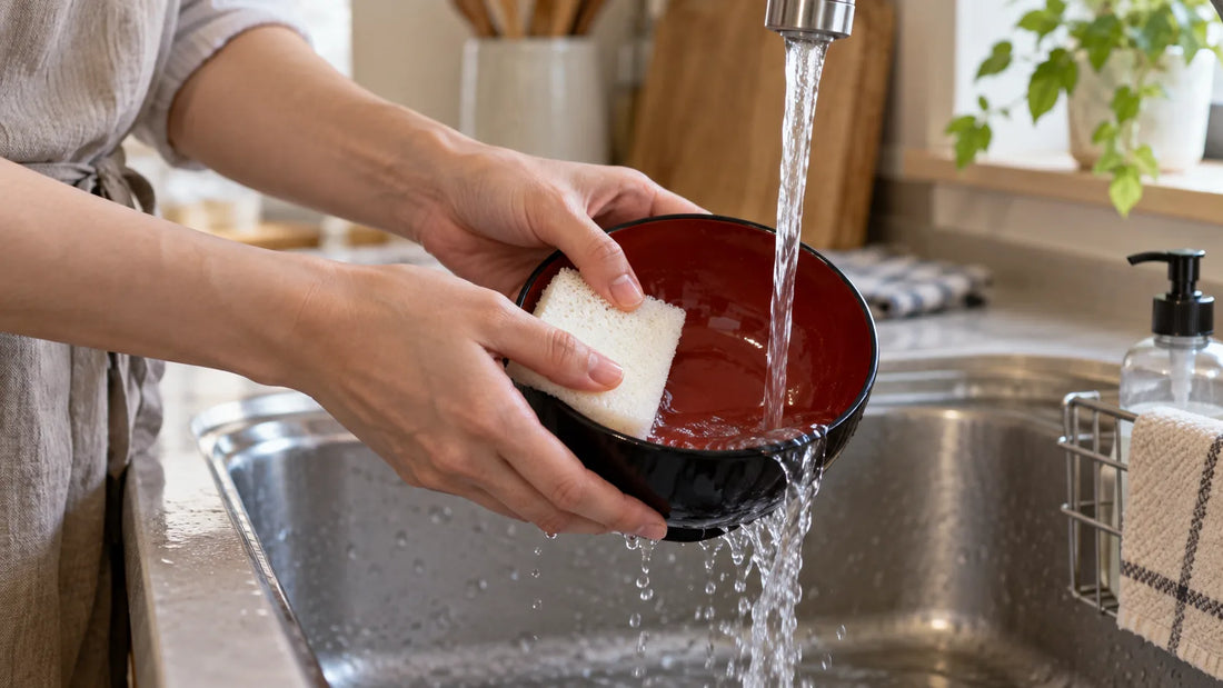 A person gently hand-washing a generic black-and-red lacquer bowl at a home sink; an illustrative care example, not a ZenKiln product photograph.