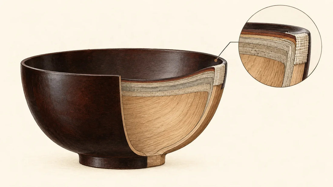 Educational cutaway illustration—not a product photograph—showing a Wajima-nuri-style wooden bowl, layered lacquer foundation and cloth reinforcement at the rim.