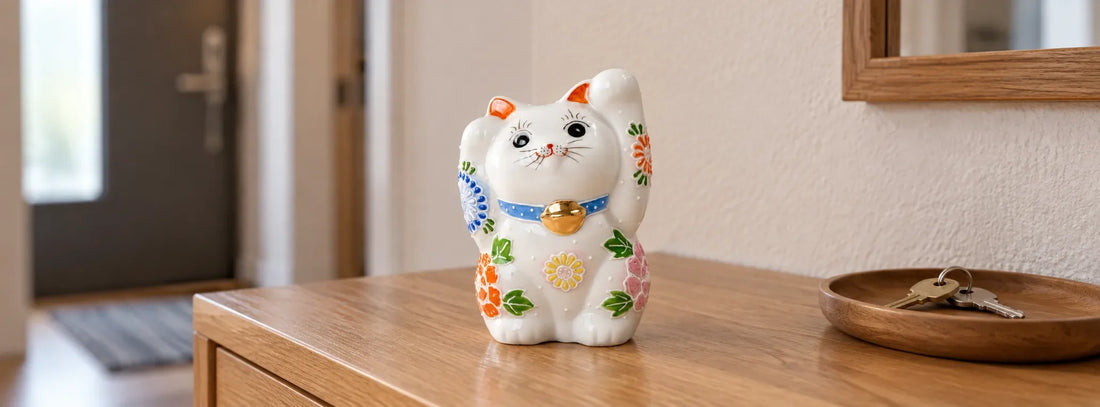 White floral Kutani lucky cat with both paws raised on a shaded wooden entryway cabinet.