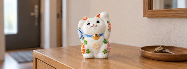 Chat porte-bonheur Kutani blanc à motifs floraux, les deux pattes levées, sur un meuble d’entrée en bois à l’ombre.