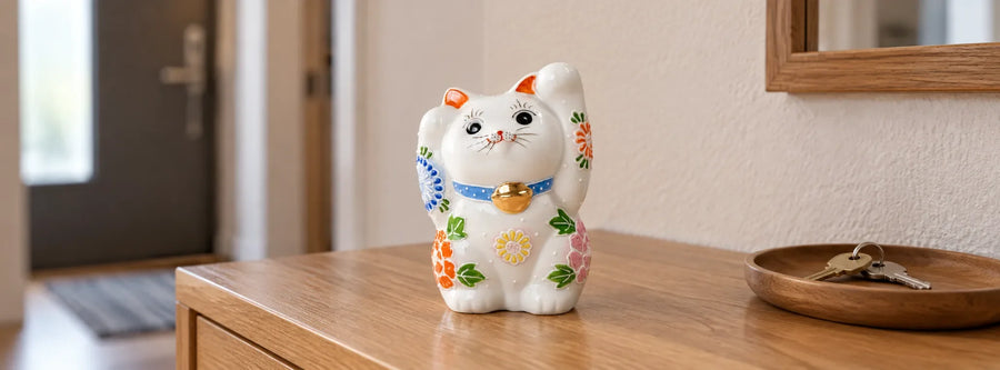White floral Kutani lucky cat with both paws raised on a shaded wooden entryway cabinet.