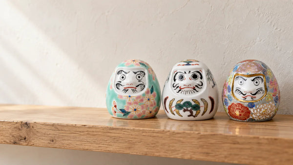 Three Kutani porcelain daruma with floral and pine decoration on a wooden shelf.