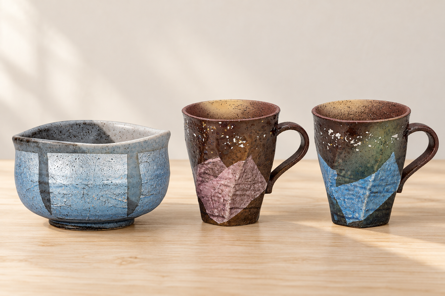 AI-assisted styling illustration of a blue-silver Kutani matcha bowl beside mauve and blue ginsai mugs.