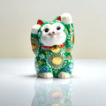 Kutani Green Maneki Neko – Hand-Painted Japanese Ceramic Lucky Cat Figurine, Both Paws Up, Floral Gold Coin Decor 12cm