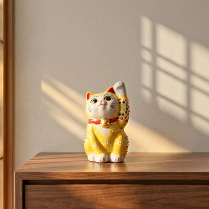 Gelbe Kutani-Glückskatzenfigur | Kleine Maneki-Neko-Statue, 10 cm