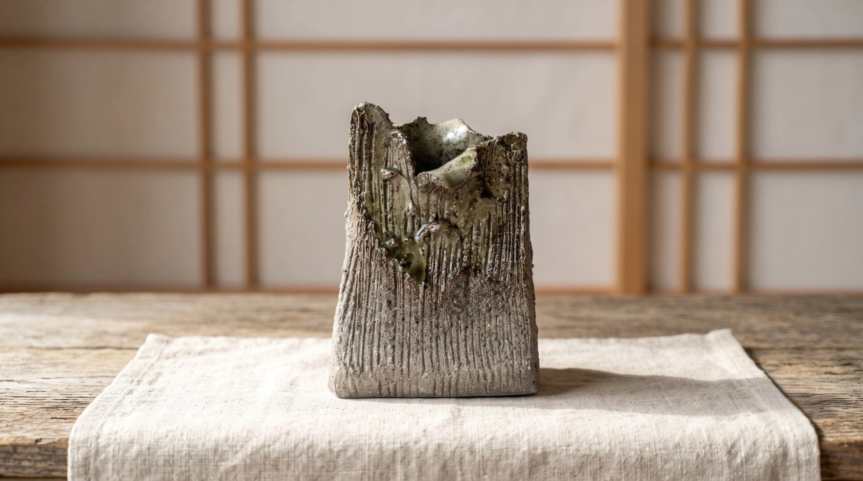 Handmade Shigaraki stoneware ikebana vase with black and gold glaze, 21 cm, on linen