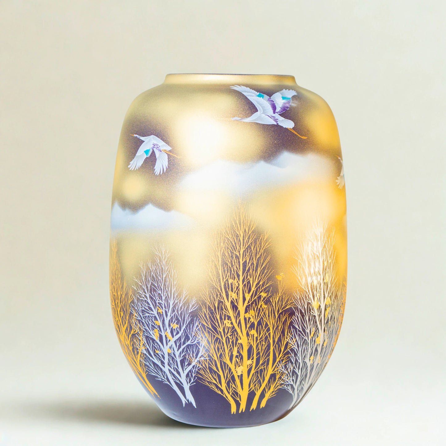 Kutani Crane Vase, Hand-Painted Porcelain Vase with Gold Leaf, for Ikebana and Tokonoma Display