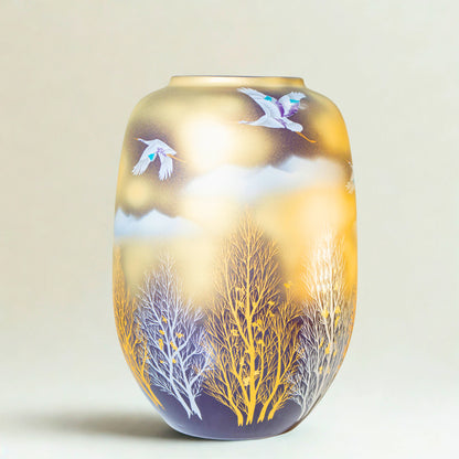 Kutani Crane Vase, Hand-Painted Porcelain Vase with Gold Leaf, for Ikebana and Tokonoma Display